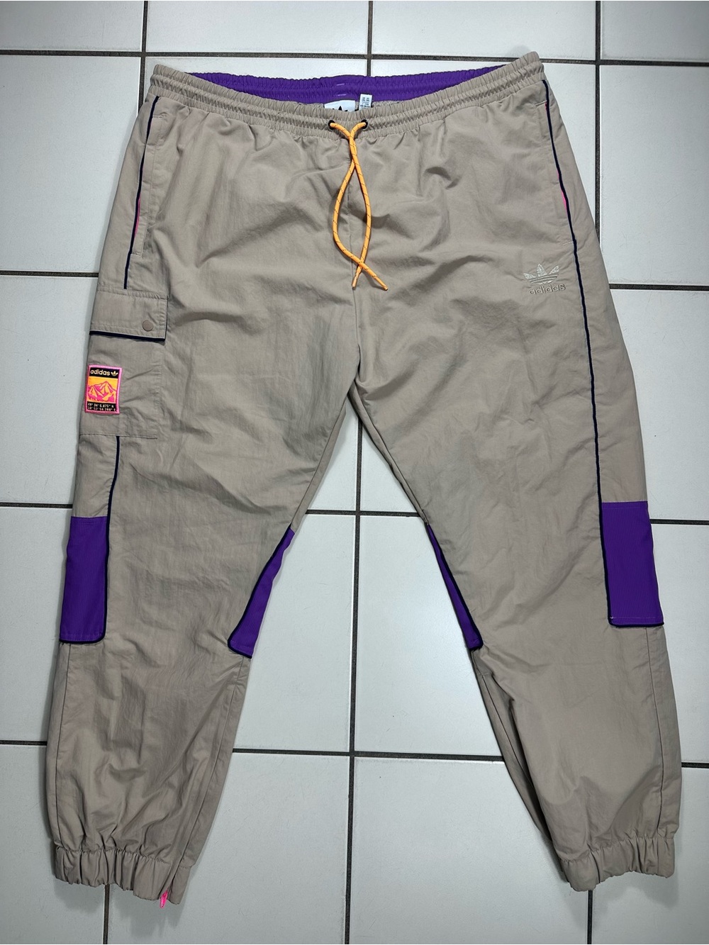 adidas Beige Cargo Track Pants with Purple Panels and Orange Drawstring